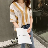 women summer v neck button short sleeve contrast stripe series fashion soft comfortable casual loose shirt high quality female