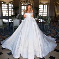 fashion boat neckline luxury ball gown wedding dress satin fabrics elegant lace princess wedding gown