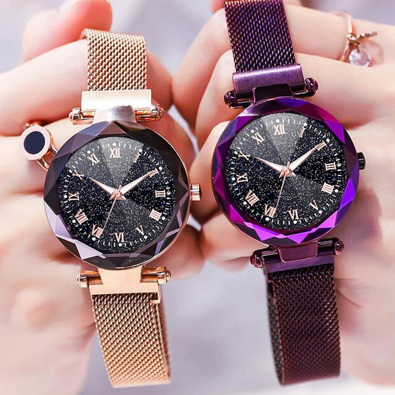 Женские часы 2019 Новое поступление звездное небо роскошные с магнитной сеткой