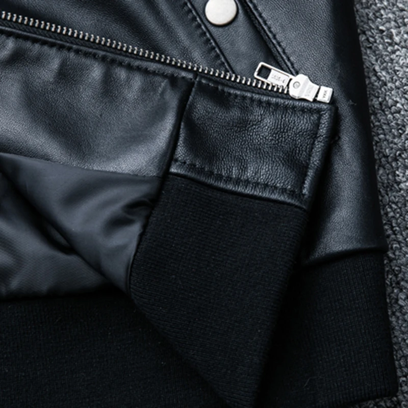 Мужская куртка-бомбер из овечьей кожи мотоциклетная облегающая Черная