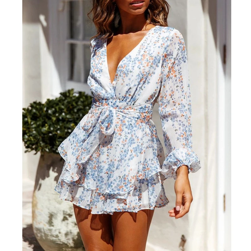 

Женский пляжный комбинезон с цветочным принтом, свободный пляжный комбинезон с глубоким V-образным вырезом, джемпер с вырезом лодочкой, лет...