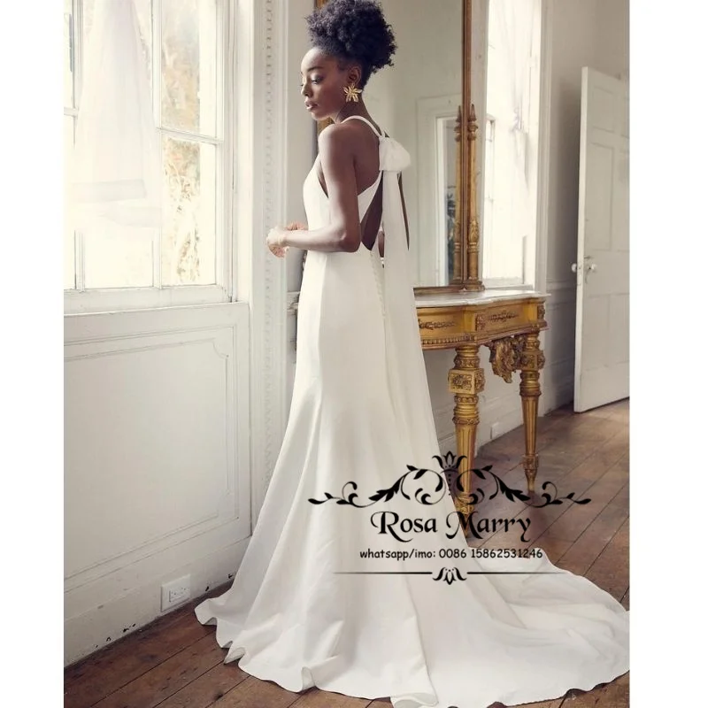 

Женское атласное свадебное платье, простое платье-Русалка с открытой спиной и бантом, 2021, размера плюс