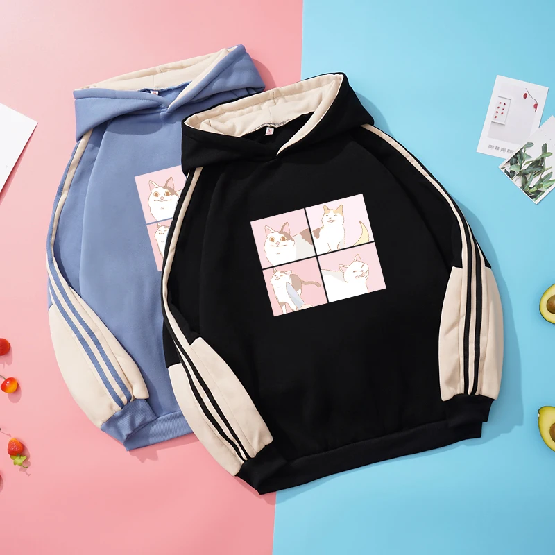 

Толстовка Мужская/Женская Повседневная, милый свитшот с мультяшным принтом кота в стиле Харадзюку, популярный цвет, пэчворк, одежда для пар,...