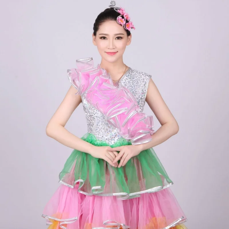 Испанское фламенко современное танцевальное платье разноцветное Сетчатое