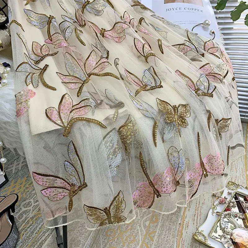 Женская сетчатая юбка с вышивкой стрекозы весенне летняя тонкая плиссированная