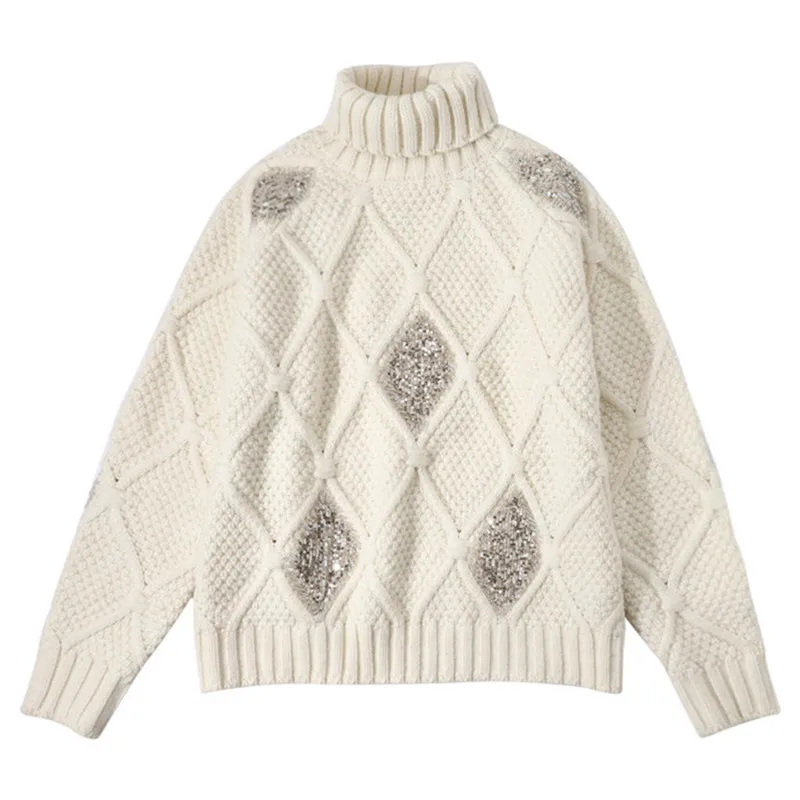 Винтажные свободные вязаные свитера с блестками Женская мода 2022 водолазка