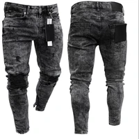 2020 mens hot high elastic skinny jeans black ripped biker jeans mens foot mouths zipper jogging casual pencil long pants