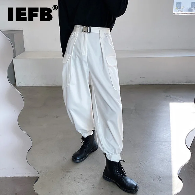 

Мужская одежда IEFB, Модные индивидуальные Украшенные поясом плюшевые штаны для инструментов, мужские свободные прямые длинные брюки, Осень-...