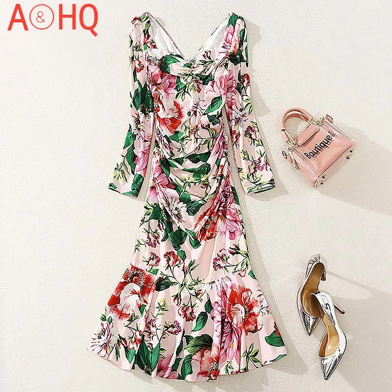 

Runway High-Quality 2021 Autumn New Women'S Fashion Party Casual Outing Vintage Elegant Girls Floral Print Sexy Slim Midi Dress