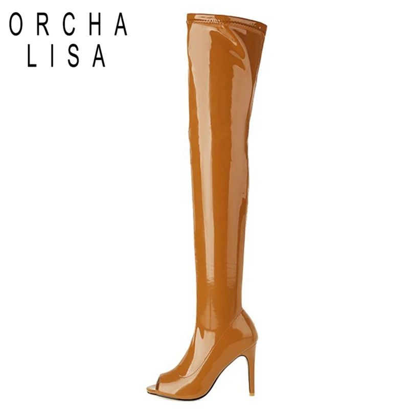 

Привлекательные женские Роскошные вечерние сапоги до колена, из лакированной кожи, на молнии, с открытым носком, 12 см, Stileeto Heel размера плюс 46 ...