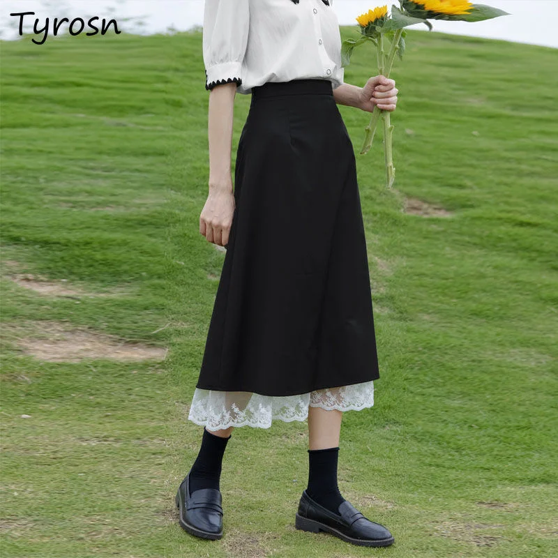 

Long Skirts Women Black Lace Patchwork High Waist All-match Summer Fashion Temperament Gothic Faldas Mujer Moda Korean Style New