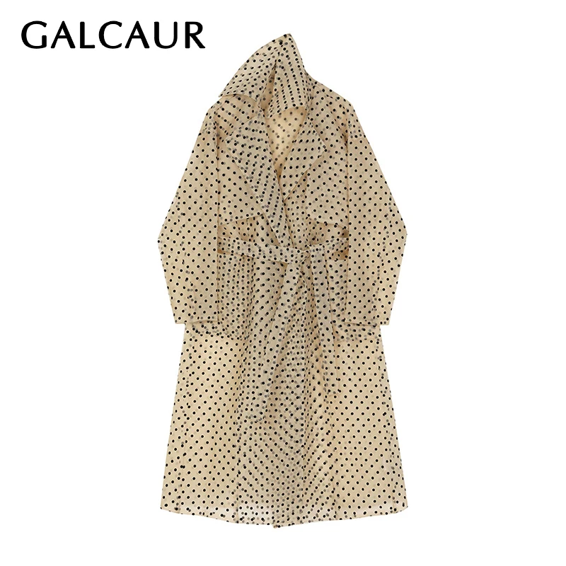 

GALCAUR Casual Polka Dot Print Jacket For Women Lapel Collar Long Sleeve Lace Up Hit Color Coats Female 2021 Spring Fashion