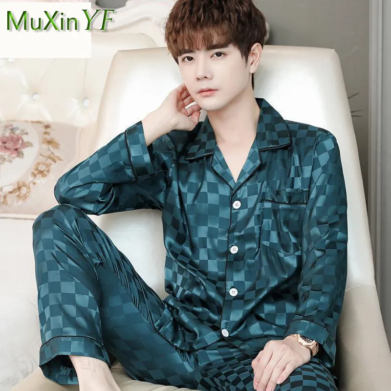 Ice Silk Pajamas Men's Spring Fall Thin Section Plaid Long-sleeved Trousers Pijamas Two-piece Korean Casual Male Sleepwear Suit