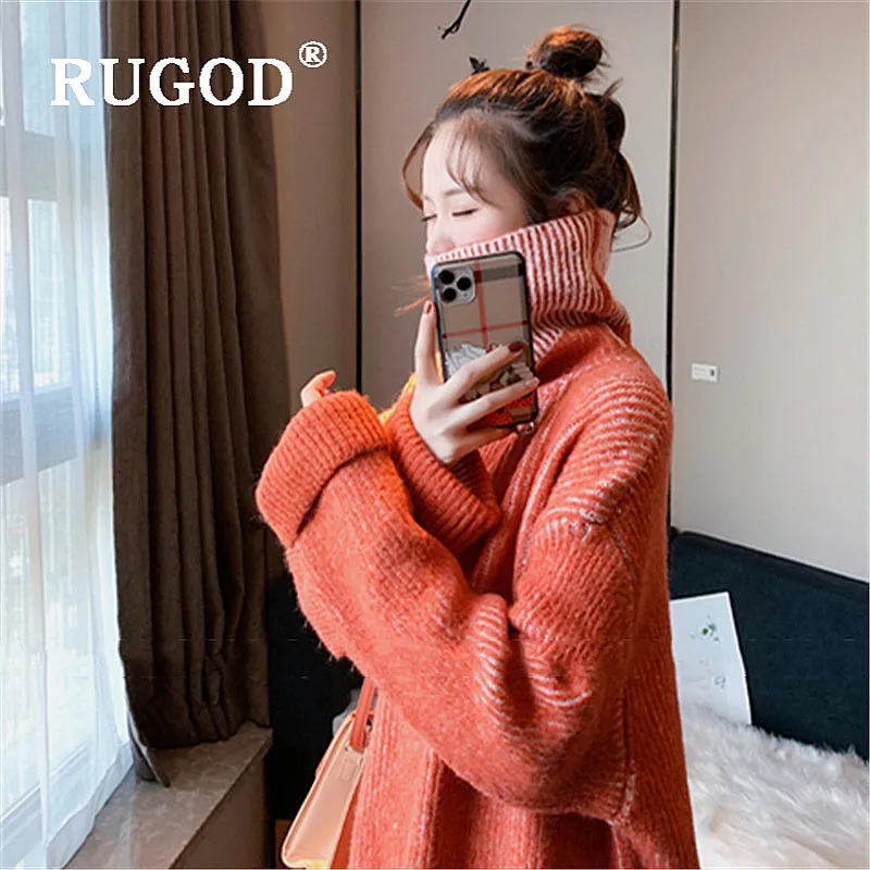 Женский пуловер с ворсом RUGOD элегантный воротником-стойкой большие размеры