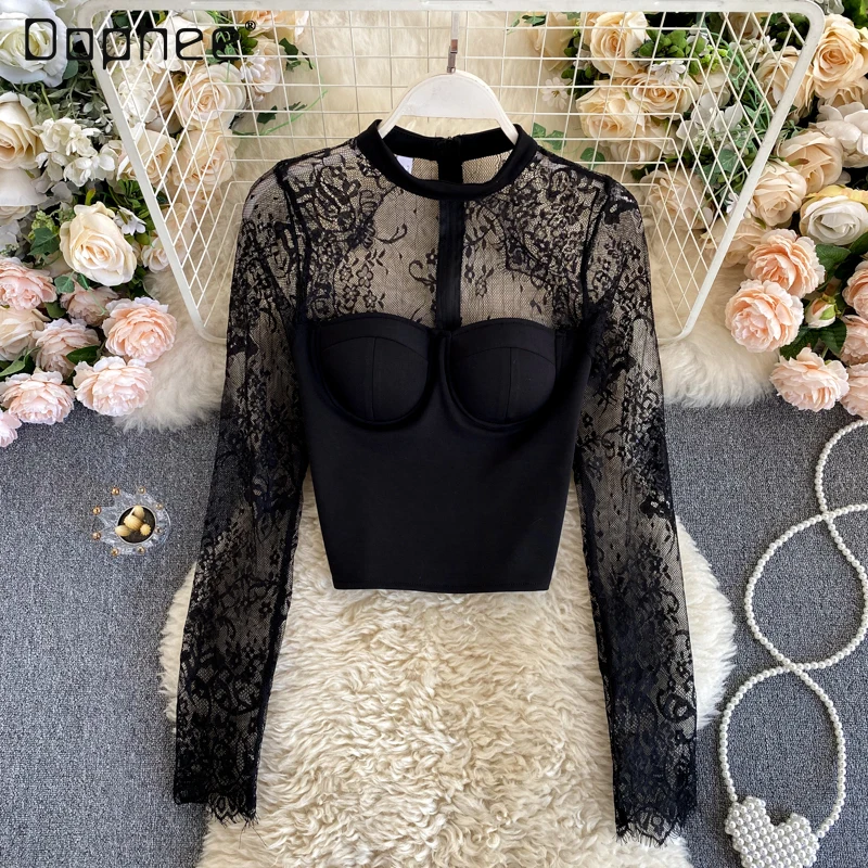 

Сексуальный Кружевной топ с вырезом, Новинка осени 2021, модная короткая рубашка с длинным рукавом, круглым вырезом, лямкой на шее, сеткой и цв...