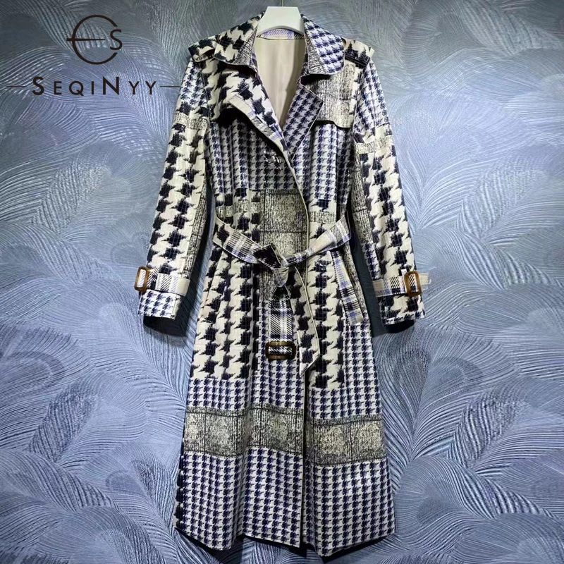 

SEQINYY Long Trench Coat Spring Autumn New Fashion Design Women Runway High Street Houndstooth Print PU Loose Elegant Belt