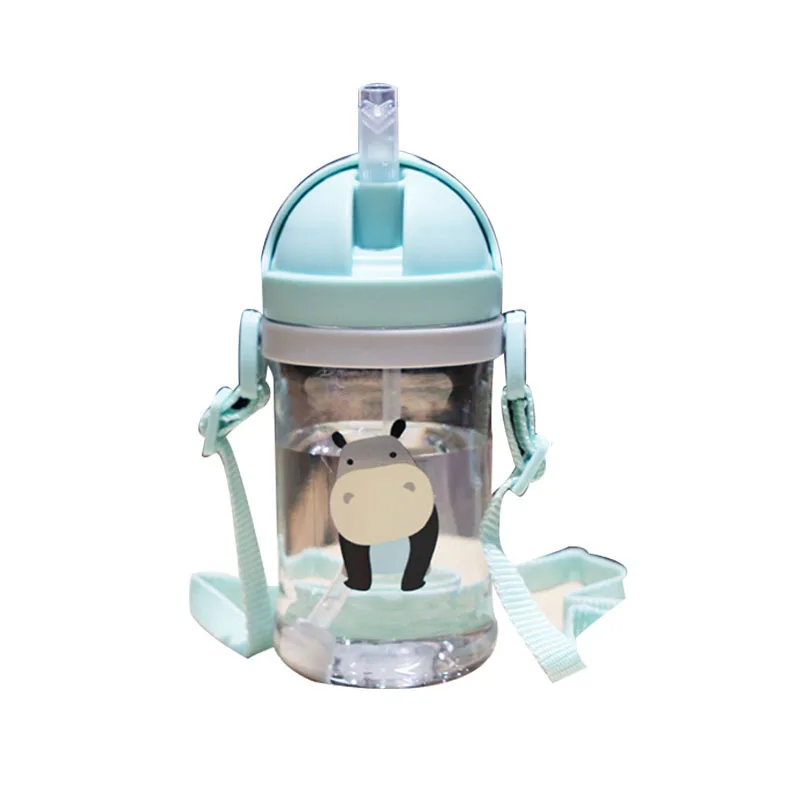

400ml Kids Children Cartoon Animal School Drinking Water Straw Bottle Straw Sippy Baby Cup With Shoulder Strap