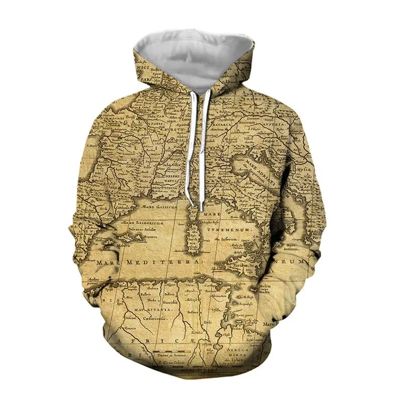 

Толстовка Мужская/женская с капюшоном, винтажный пуловер оверсайз с 3D-принтом карт, Модный свитшот в стиле Харадзюку, одежда в стиле панк