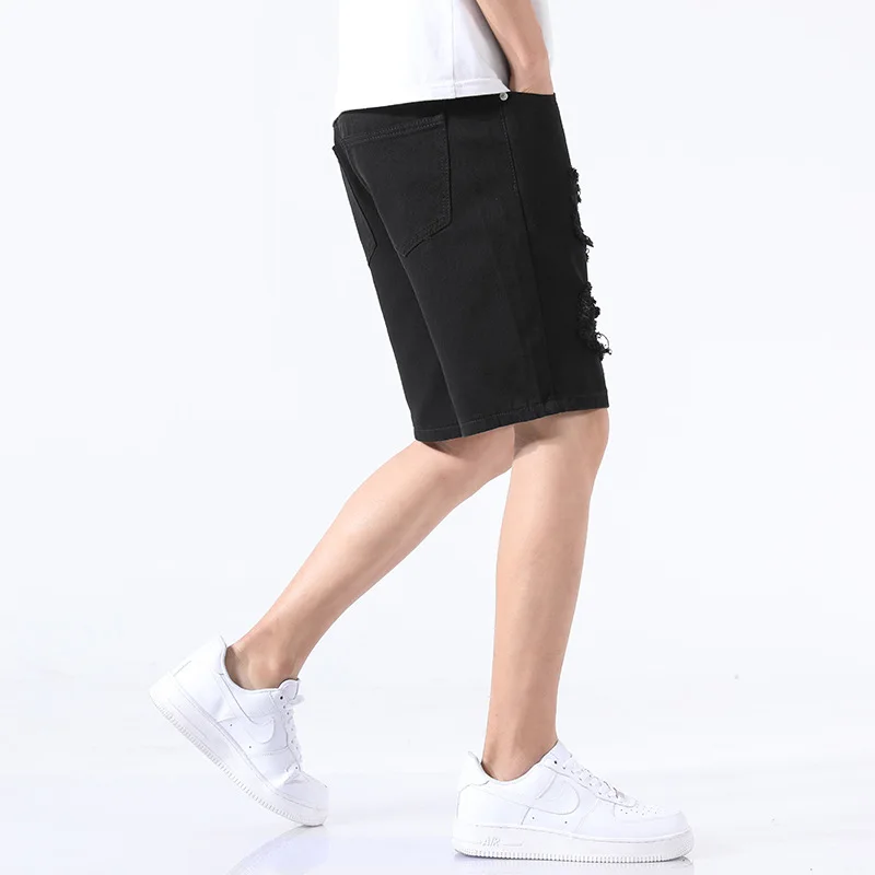 

Summer men's trend solid color hole straight loose men's pants polyester cotton casual shorts regular pockets knee length