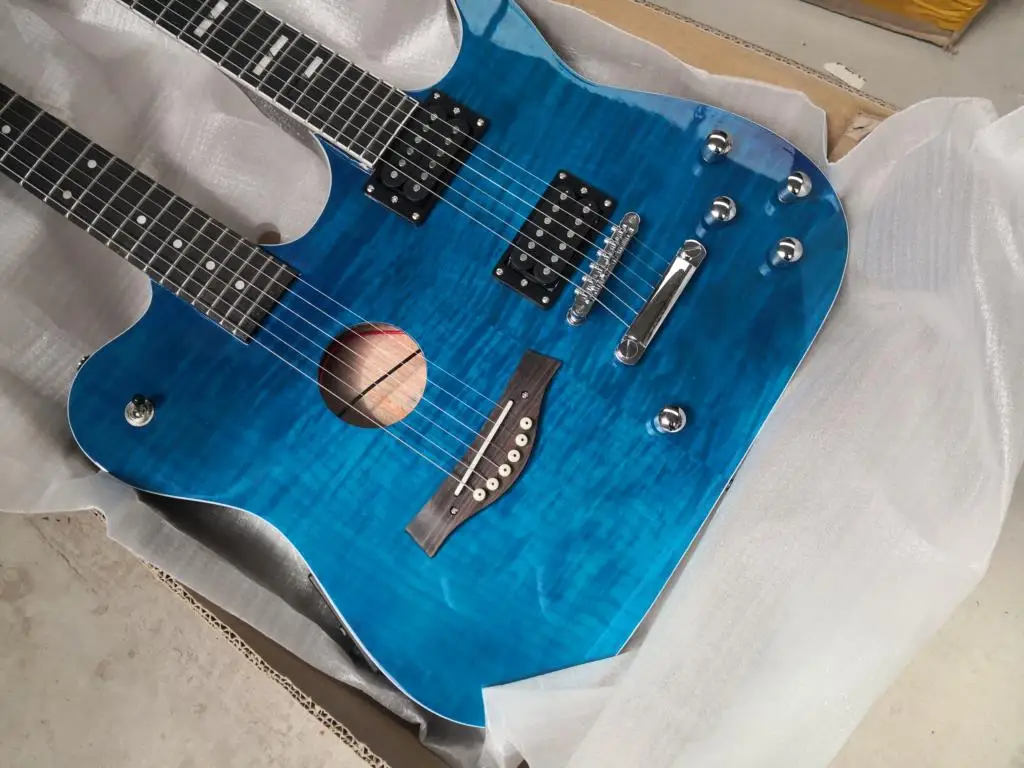 

Double neck electric guitar 6 string double open pickup 6 string compound string semi hollow electric guitar tiger print blue 6