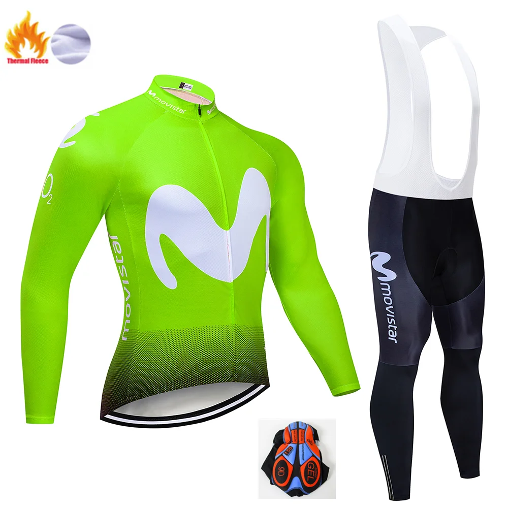 Winter suit Зимняя Теплая Флисовая мужская майка Movistar с длинным рукавом для езды на велосипеде, велосипедная 9D Подушка, штаны, комплекты одежды для езды на велосипеде - Цвет: Winter suit