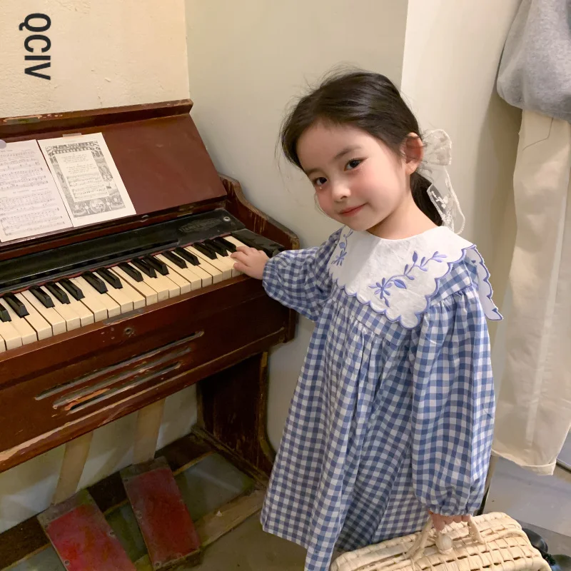 

Korean style Toddler Girls Cute Embroidery Navy collar Cotton Plaid Dress Spring Little Princess Long Sleeve Party Dresses