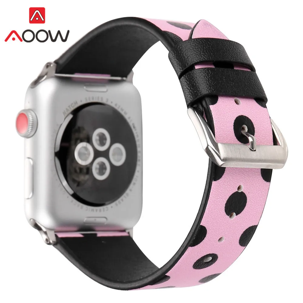 Кожаный ремешок для часов Apple Watch 40 мм 44 мм 38 мм 42 мм черный белый розовый узор в горошек браслет ремешок для iWatch 1 2 3 4