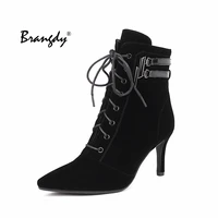 brangdy 10cm high thin heel ankle boots women flock sexy ladies pointed toe shoes 2021 new autumn lace up black fashion shoes