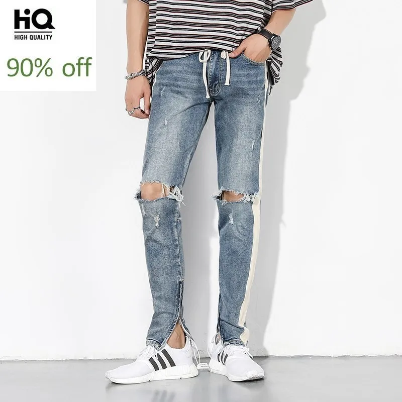 High Street джинсы для мужчин рваные вымытые синие Боковые Полосатые на молнии