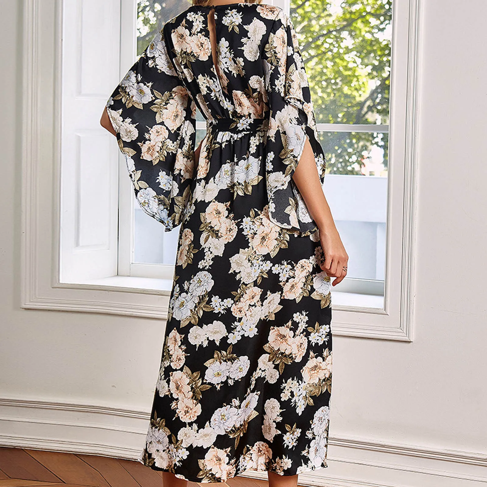 

Summertime Fashion Women Printing V-neck One-piece High Waist Long Dress