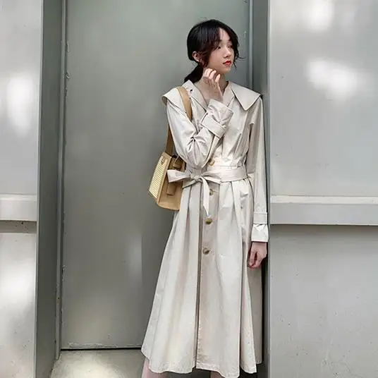 Новый Демисезонный Для женщин простой плащ с отложным воротником длинным