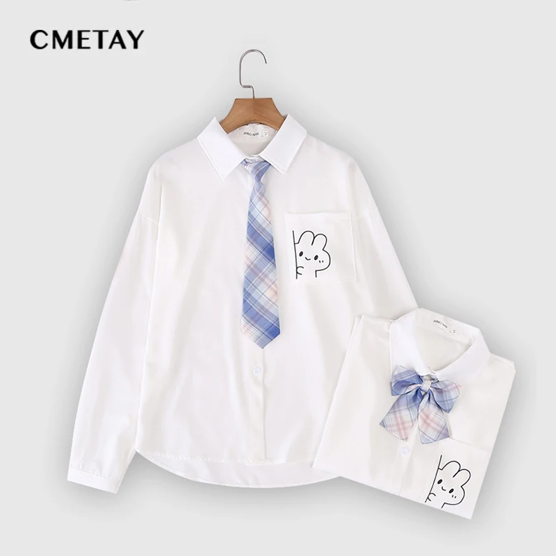 

CMETAT Cute Print White Shirts Women JK Blouse New 2022 Spring Autumn Korean Loose Lapel Long Sleeved College Style Harajuku Top