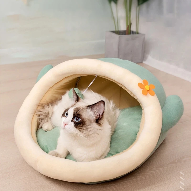 

Cat House Pet Bed Striped Kitten Dog Cushion Mat Cat Head Shaped Cat Nest Puppy Kennel Winter Cat Accessories 2021
