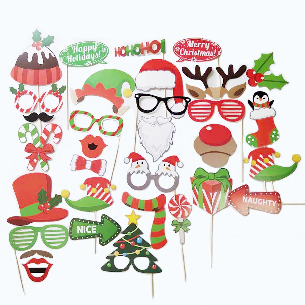 

32 sets of Christmas photo props Santa Claus snowman elk funny photo beard glasses mask