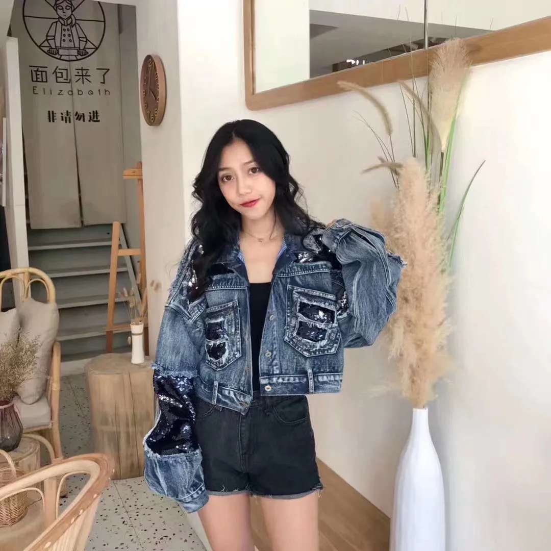 

Spring fashion hip-hop heavy industry short loose sequin stitching denim jacket