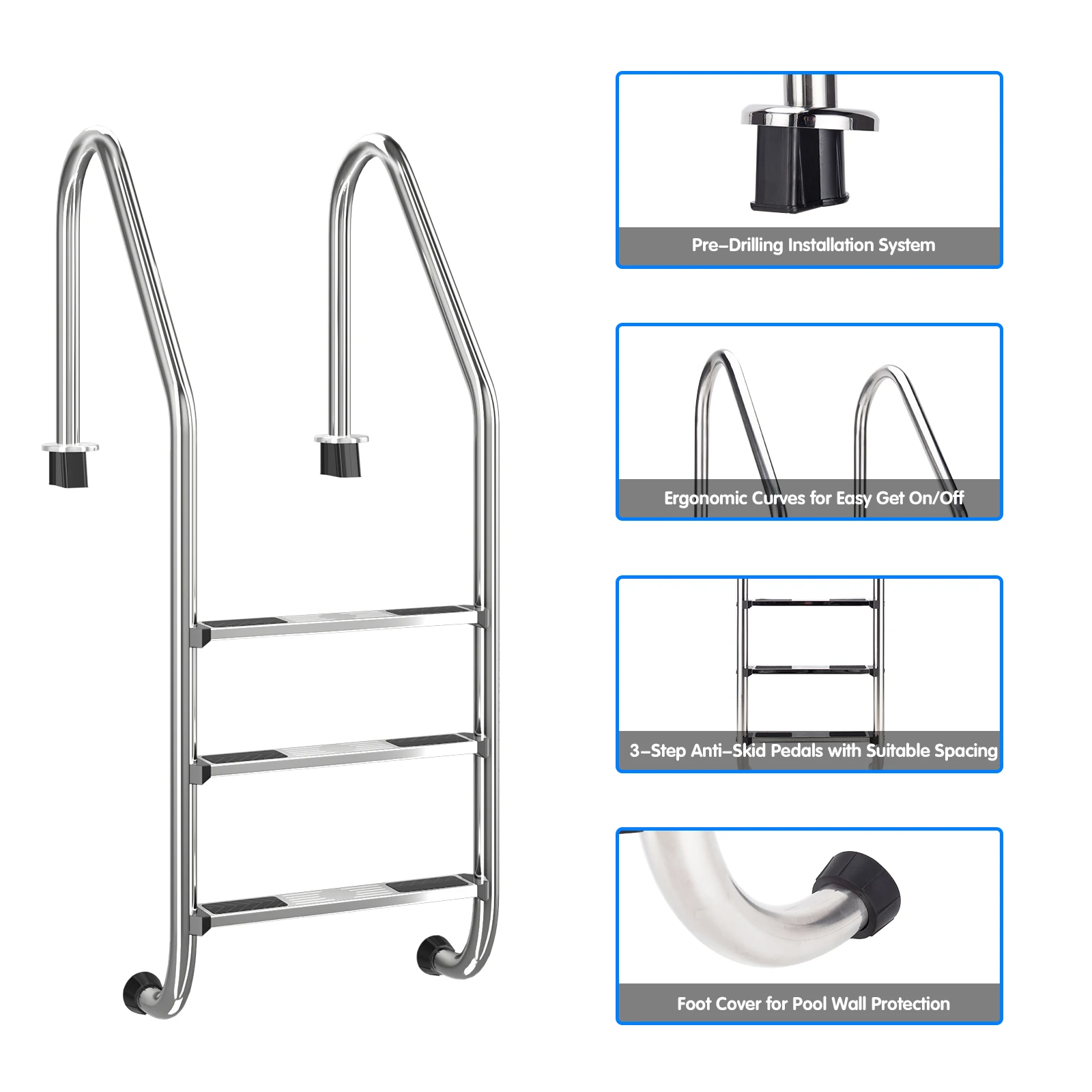 Costway-Barandilla de escalera para piscina, barandilla de 3 escalones de acero inoxidable, BA7722-3