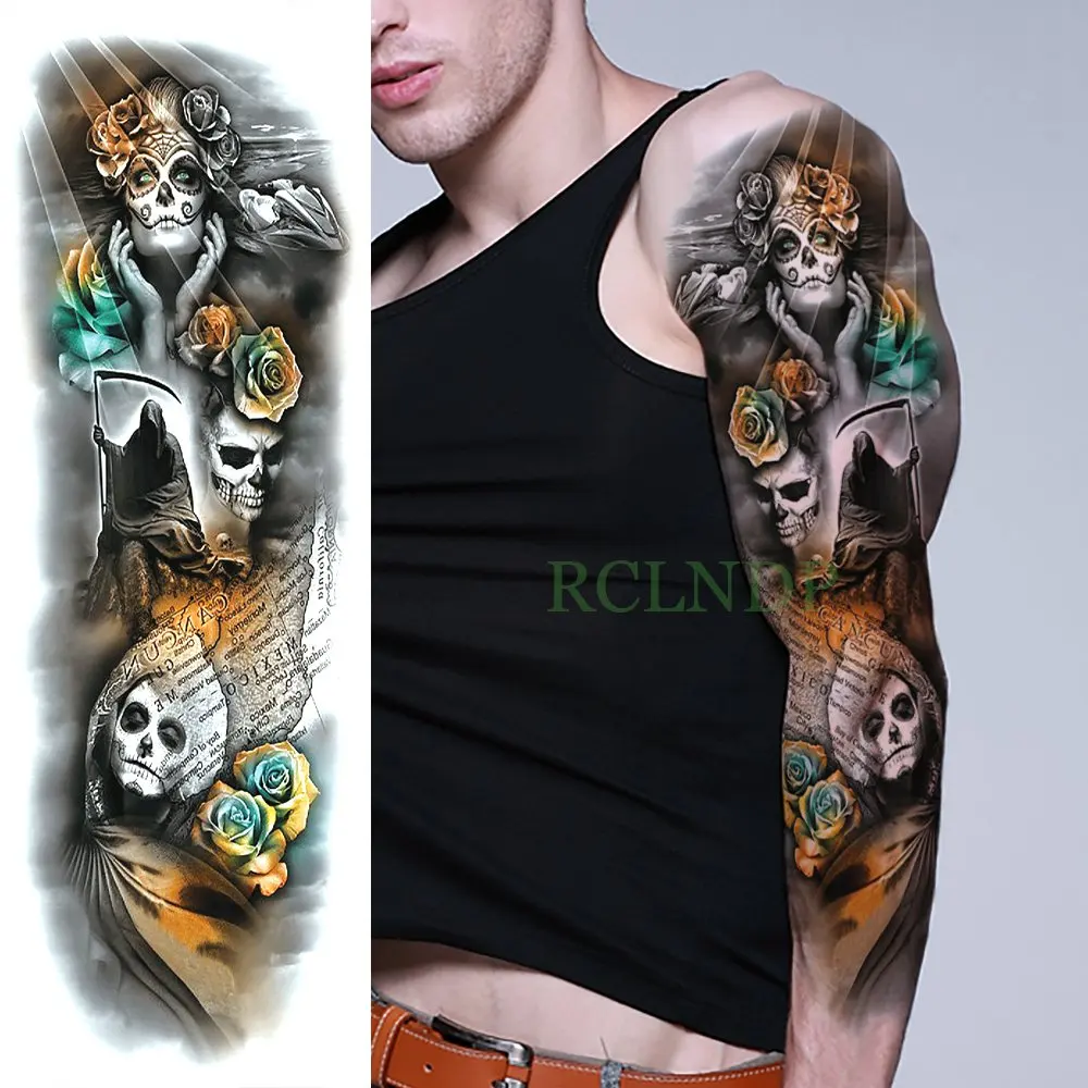 Waterproof Temporary Tattoo Sticker carp fish flower full arm fake tatto flash tatoo sleeve large size for girl men women lady - Цвет: Небесно-голубой