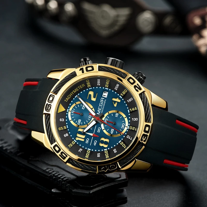 Мужские часы с силиконовым ремешком MEGIR спортивные водонепроницаемые кварцевые