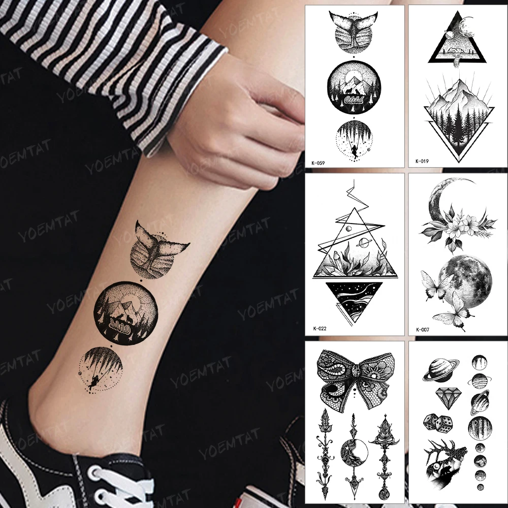

Waterproof Temporary Tattoo Sticker Whale Round Geometric Sun Forest Black Tatoo Arm Leg Flash Tatto Man Woman Child Tattoos Art