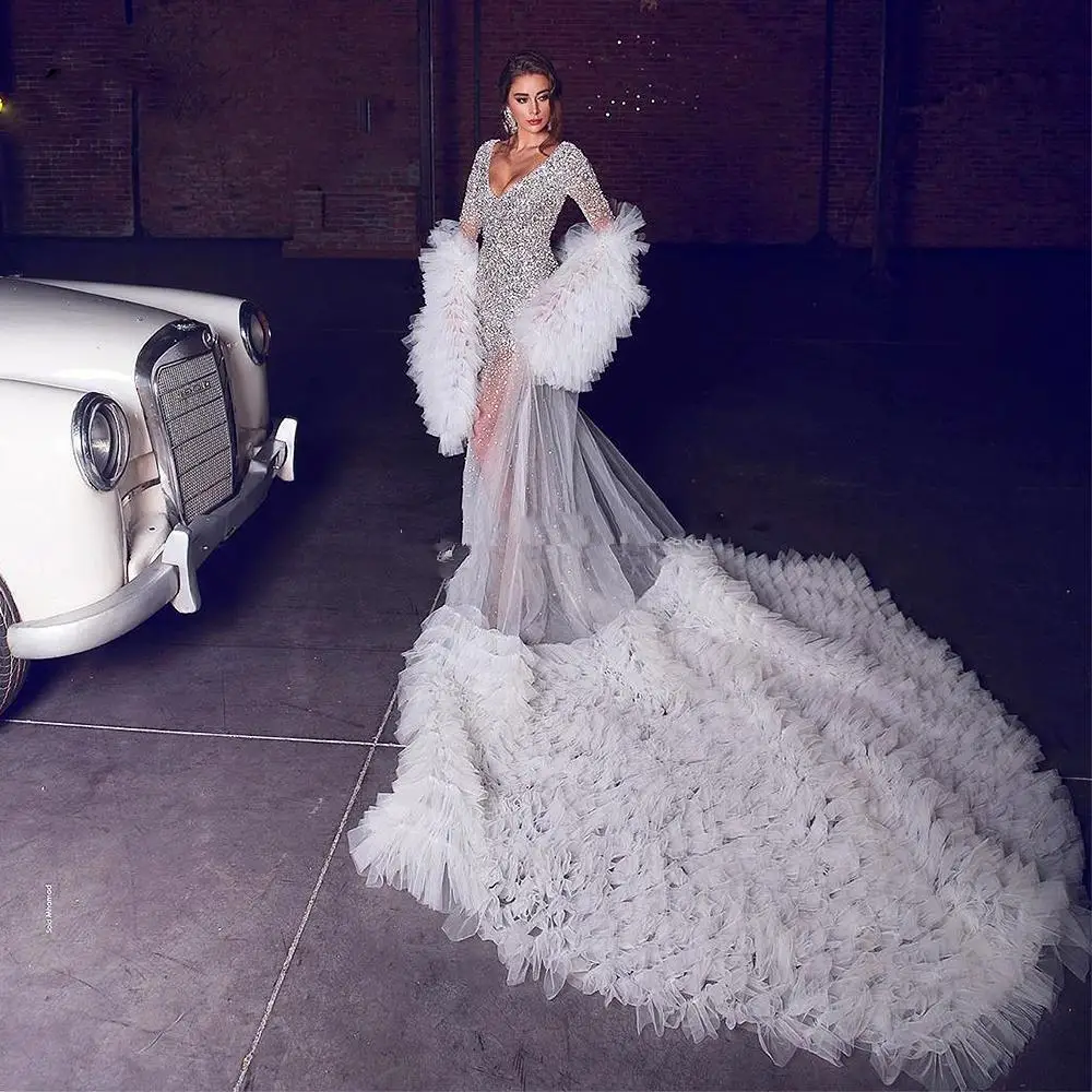 

White Ruffles Puffy Long Sleeves Bridal Cloak Women Gowns Robe For Prom Dresses Manteau Cape Evening Wraps (Only Tulle Cloak)