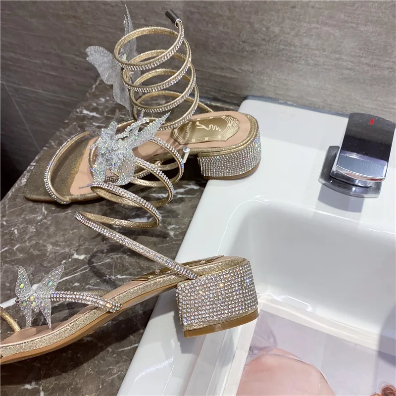 

LEOPARD LAND Summer Women's Shoes Fashion Rhinestone Butterfly Flower Thick Heel Hollow Banquet Shoes High Heel Sandals JXQ