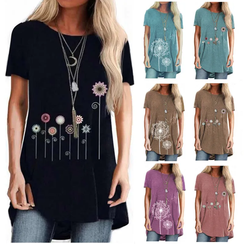 

2021 Summer New Floral Print Women Plus Sizes T-shirts with Short Sleeve Round Neck Casual Large Size Women's Clothing
