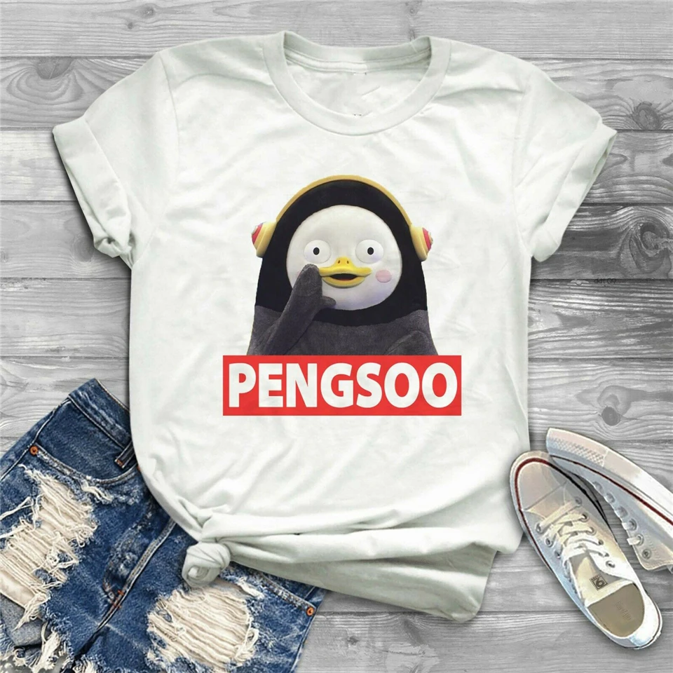 PENGSOO YOUTUBE RUDE PENGUIN Корея PH733 унисекс белая футболка Топы Футболка Повседневная