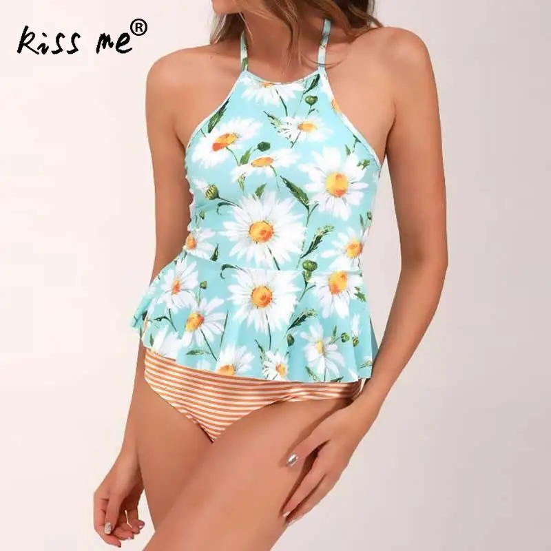 Цельный купальник с высокой талией из двух частей завязками на шее тесьмой милый