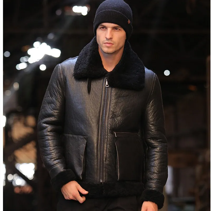 Пальто с мехом Для Мужчин's Shearling куртка B3 летная куртка короткой меховой кожаный жакет импортируется из шерсти из Австралии Для мужчин из овчей солнцезащитные очки-авиаторы - Цвет: Черный