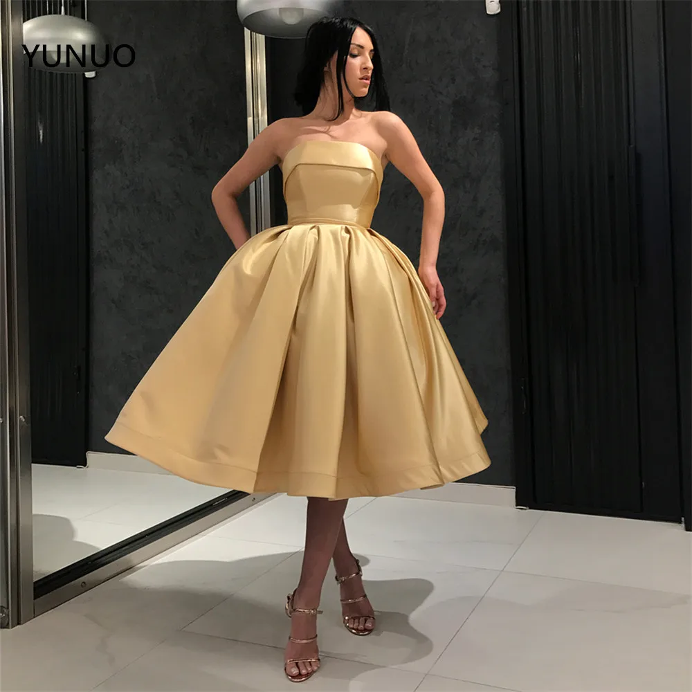 

YUNUO Gold Short Ball Gown Cocktail Dresses Plus Size Dubai Simple Strapless Corset Back Homecoming Dresses Gala Prom Gowns