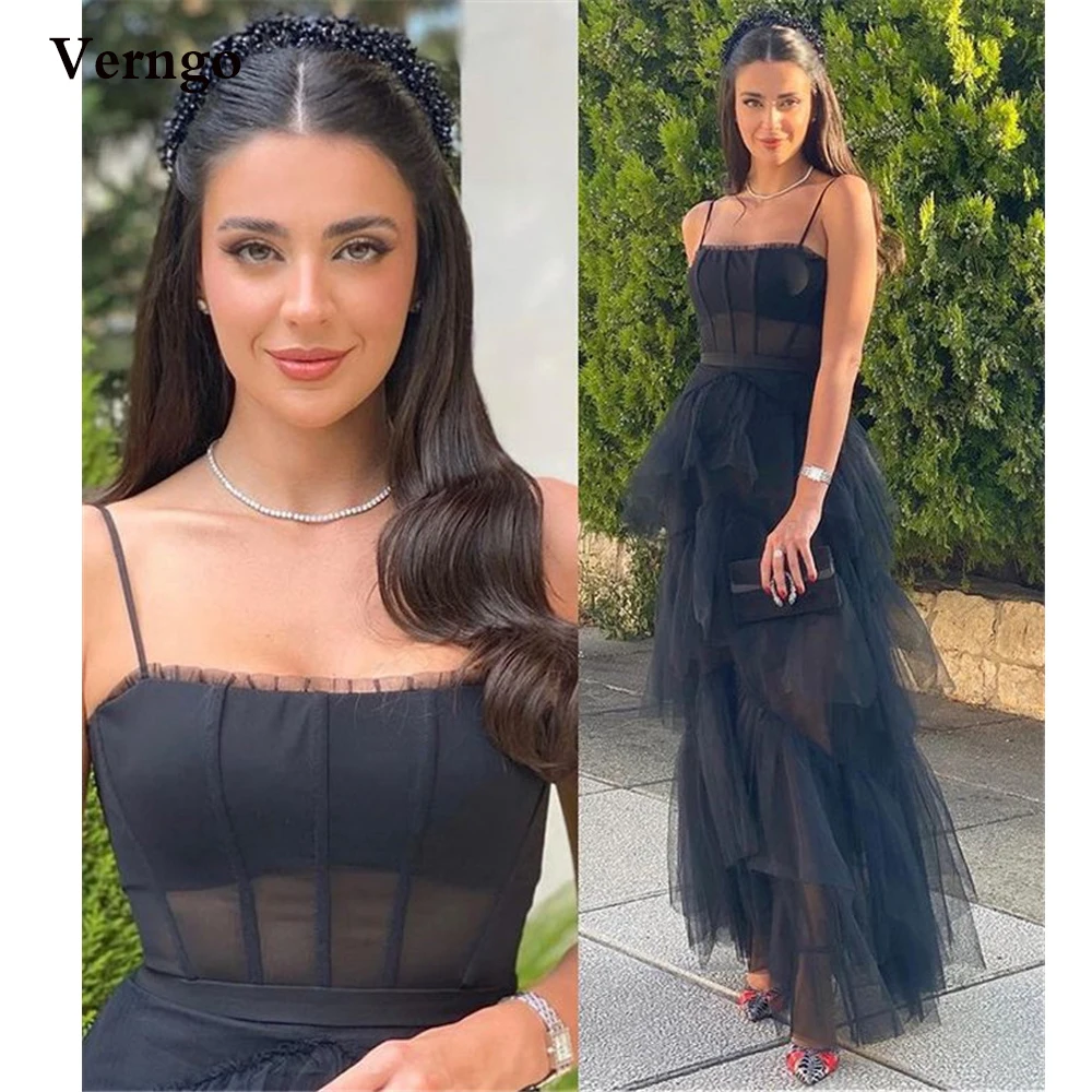 

Verngo Spaghetti Straps Black Tulle Prom Dresses Tiered Skirt A Line 2021 Party Evening Gowns Women Special Occasion Dress