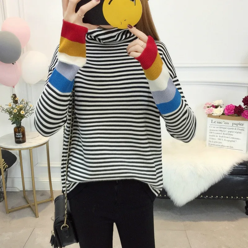 

Winter Turtleneck Pullover Women's New Rainbow Striped Knit Long Sleeve Korean Loose Base Shirt Top Turtleneck