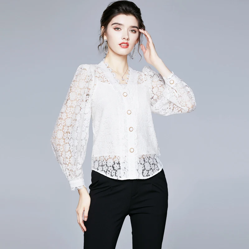 

Spring Summer Runway Designers V Neck Hollow Out White Lace Blouses Shirts Office Lady Blusas Long Sleeve Womens Tops