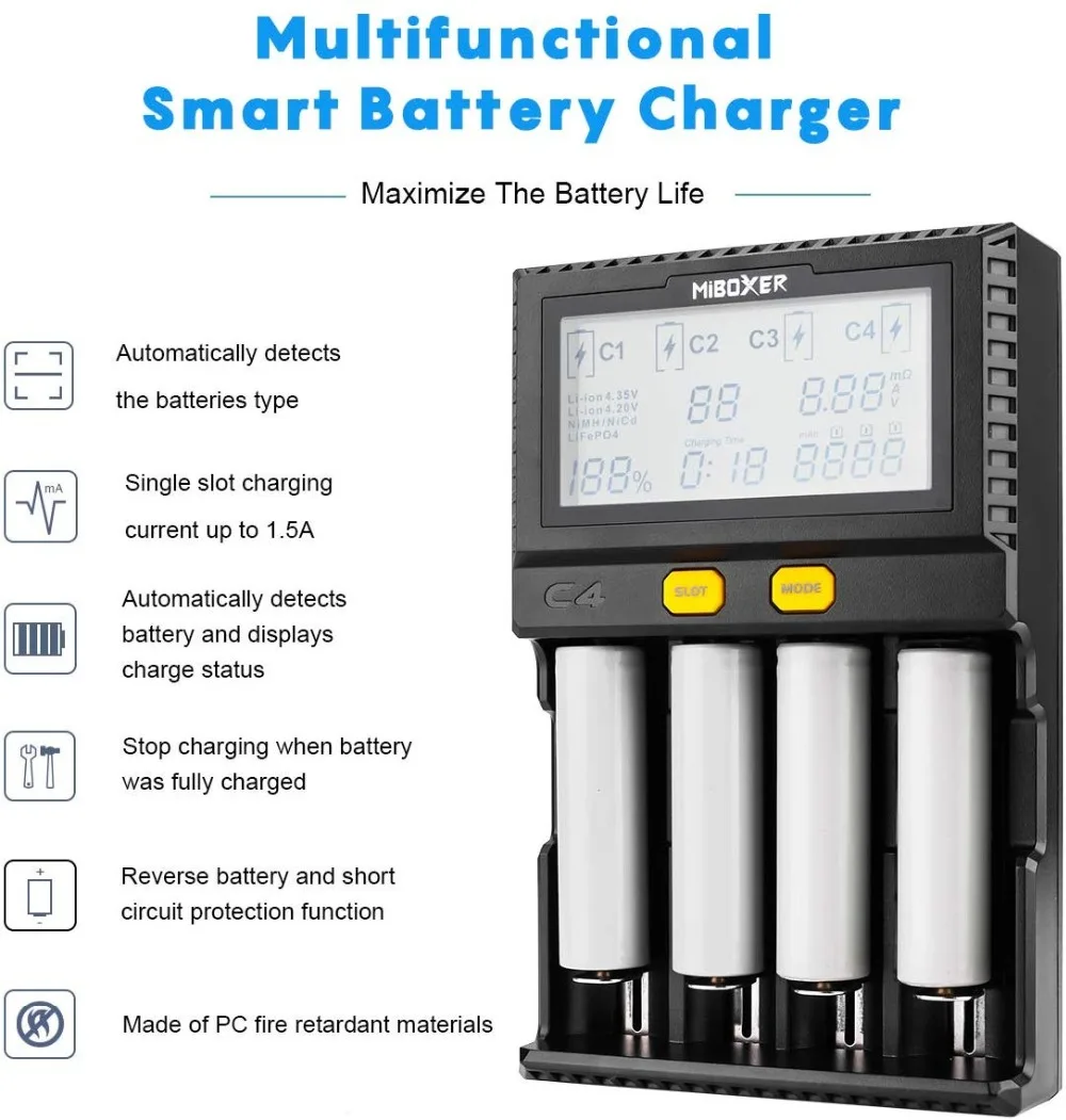 Оригинальное Miboxer C4 lcd умное зарядное устройство для литий-ионных IMR INR ICR LiFePO4 18650 14500 26650 AAA батарей функция зарядного устройства